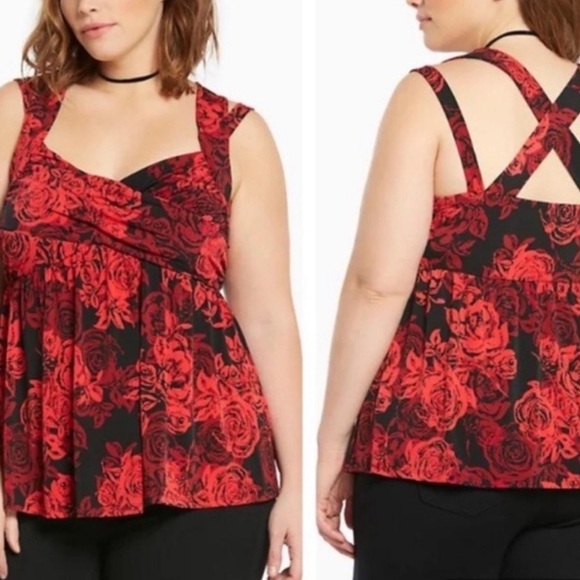 Torrid Plus Size Red & Black Floral Rose Crosscross Babydoll Top 2X valentines - Picture 1 of 7